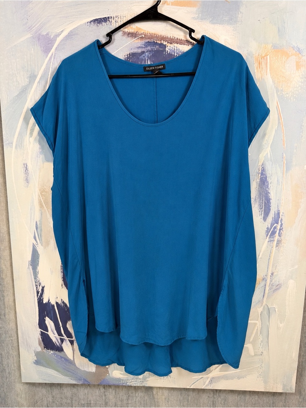 Eileen Fisher 100% Silk Teal Blue Jewel Scoop Neck Short Cap Sleeve Blouse S